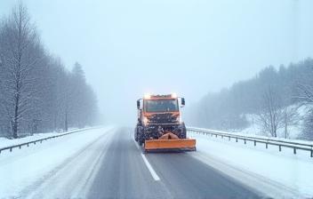 Verschneite österreichische Autobahn mit Streufahrzeug