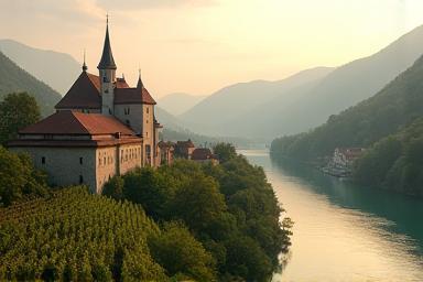 Stift Melk mit Blick auf die Donau und Weinberge in der Wachau